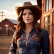 Young pretty cowgirl, female cowgirl, smiling and confident in Western ranch