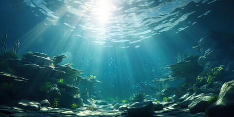 sunlight dances through the water in an underwater ocean scene