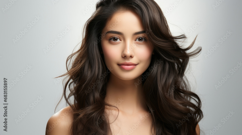 Beautiful young asian woman with long hair and bare shoulders on white ...