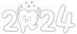 Cartoon tooth character with 2024 New Year sign. Illustration for New Year celebration.