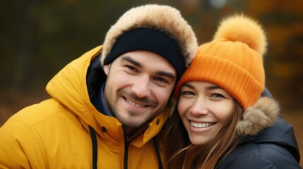 a young couple laughing, walking in the park on an autumn day