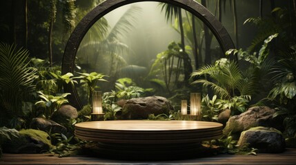 Podium background product forest green display platform wood stone 3d garden rock. Product podium jungle background stage leaf cosmetic nature scene stand presentation mockup tree pedestal plant eco