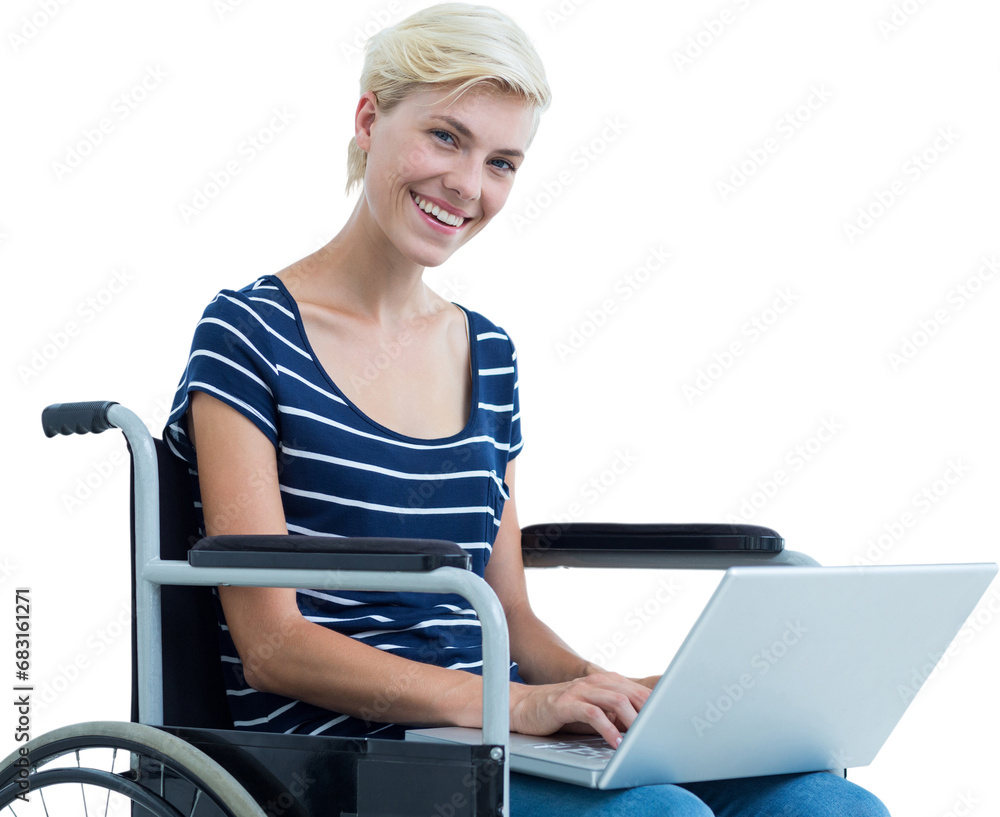 Digital png photo of caucasian woman sitting in wheelchair using laptop ...