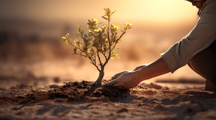 Hands planting a tree in a desert. Generative AI