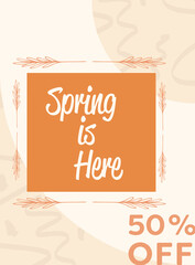 Wall Mural - Digital png illustration of card with spring is here 50 percent off text on transparent background