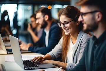 team of young workers working together using laptop