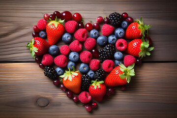 Wall Mural - composition of heart-shaped berries blackberries, raspberries, blueberries, red currants and strawberries on a wooden background