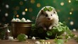 A hedgehog in a green tutu surrounded by four-leaf clover
