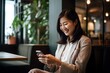 © Ankit - Busy Businesswoman Multitasking on Her Phone While Dining Alone at a Trendy Restaurant Generative AI