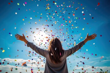 Poster - Happy woman raise hand to sky with confetti fall.