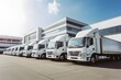 © Ankit - Row of White Delivery Trucks Parked in Front of Commercial Building on a Sunny Day Generative AI