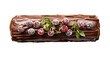 Christmas log, chocolate yule cake with red currant decoration isolated on white transparent, top view, PNG