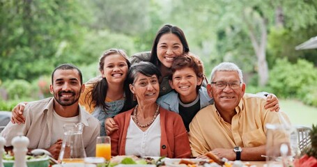 Poster - Happy, family and food with face and parents with children and lunch in a home. Patio, together and conversation at dinner at a table with talking, grandparent and kids with a plate and laughing