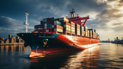 Wall Mural - Enormous cargo ship sails across vast ocean, containers neatly stacked.