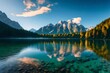 © Mazhar - **impressive summer sunrise on eibsee lake with zugspitze mountain range sunny outdoor scene in german alps bavaria germany europe beauty of nature concept background -