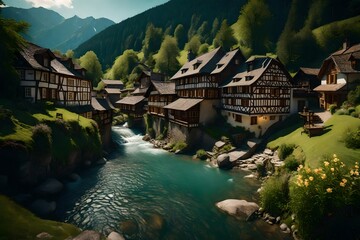 Poster - swiss landscape with river stream and houses-