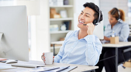 Poster - Man, call centre and talking on headset for phone call customer service, computer for telemarketing. Asian person, support and communication employee as agent for internet sales, care at help desk
