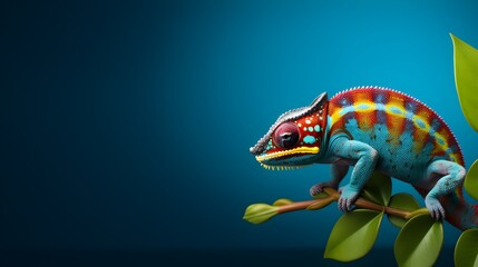 Wall Mural - Colorful chameleon on a blue background, copy space. Generative AI