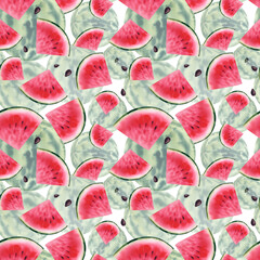 Watermelon. Seamless pattern. Watercolor illustration. Juicy fruits. Baby food. Clipart, printing on fabric.