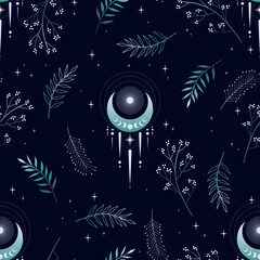 Wall Mural - Magic seamless vector pattern with plants, stars, crescent. Boho pattern for astrology, textiles, wrapping paper, design.