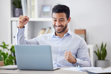 Asian man, success fist and laptop by desk with happy, stock market deal and investment portfolio growth in office. Profit, winner hands and smile by computer with technology and online with cheering