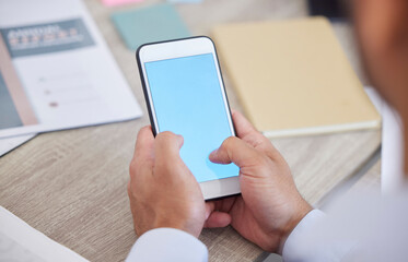 Poster - Business hands, phone screen and mockup for social media, online information or website at office desk. Professional person typing, search or scroll on mobile app with marketing space for online chat