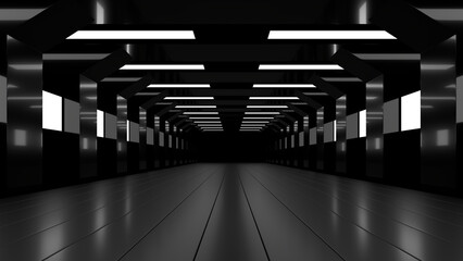 Wall Mural - sci fi neon glowing lines in a dark tunnel. reflections on the floor and ceiling. 3d rendering image