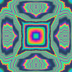 Abstract Kaleidoscopic geometric pattern. Hypnotic background in neon psychedelic acid rainbow colors.