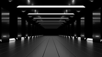Wall Mural - sci fi neon glowing lines in a dark tunnel. reflections on the floor and ceiling. 3d rendering image