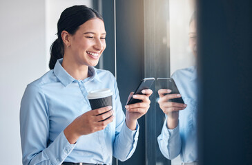 Aufkleber - Happy business woman, coffee and phone for communication, social media or networking at office. Female person or employee smile with latte or cappuccino on mobile smartphone in online chat or texting