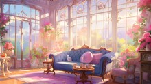 Luxurious Victorian Room With Ornate Decor, Bathed In Sunlight, Lush Blooming Flowers Around. Interior Design And Decor.