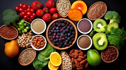  Health food for fitness concept with fruit, vegetables, pulses, herbs, spices, nuts, grains and pulses. High in anthocyanins, antioxidants, generative ai