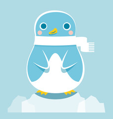  Illustration d'un mignon petit pingouin bleu avec une écharpe en laine pour lui tenir chaud pendant l'hiver polaire, debout sur la banquise, le personnage esquisse un sourire