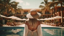  Back View Of Young Stylish Woman With Long Blond Hair Wearing Straw Hat On Her Vacation At A Beautiful Resort, Standing By A Warm Summer Swimming Pool With Blue Water On A Sunny Day. Vacation,vintage