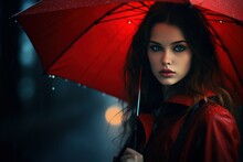 Young Woman With Red Umbrella In The Rain With AI
