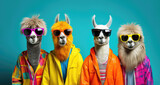 Fototapeta  - Cute funny llama group as yoga retreat in colorful clothes