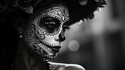 Wall Mural - A black and white photo of a woman with a sugar skull make - up