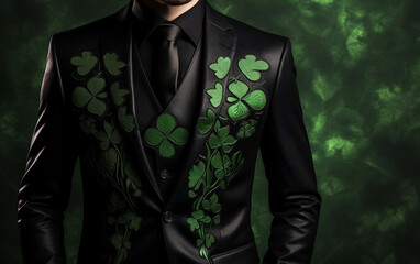 Stylish man with sunglasses in the green suit with four leaf clover emblem incorporated into outfit