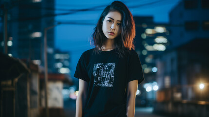 Wall Mural - Asian young woman in punk style clothes with the city lights on the background