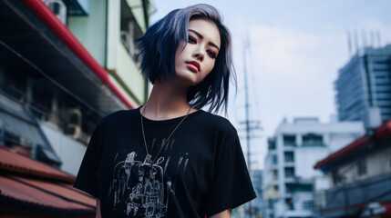 Wall Mural - Asian young woman in punk style clothes with the city lights on the background