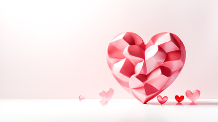 Wall Mural - Stylized heart with a faceted surface, creating a 3D effect in varying shades of pink, surrounded by smaller hearts against a gradient pink background. Themes of love and Valentine's Day