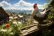 Ländliche Idylle – Ein Hahn auf dem Dachgarten mit Bergblick