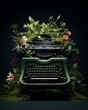 A typewriter made of flowers and moss
