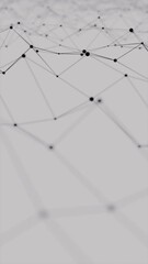 Seamless vertical digital moving background with web connection structure, black dots and lines, narrow depth of field