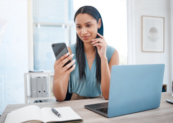 Poster - Phone, analysis and business woman reading web schedule, administration agenda or personal assistant management of social media. Cellphone, event planner and secretary review digital calendar dates