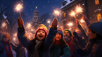 many people holding sparklers in winter park, christmas and new year theme celebrating