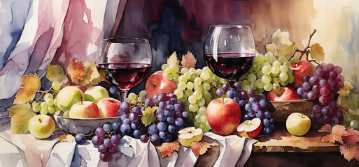 A watercolor artwork banner featuring two wine glasses, grapes, and apples on a table.