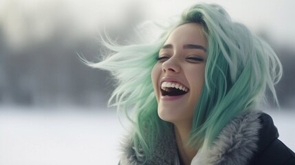 Portrait of a green hair white female laughing loudly against winter atmosphere background with space for text, AI generated, background image