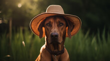 A Rhodesian Ridgeback Dog Sitting In A Garden And Wearing A Brown Hat