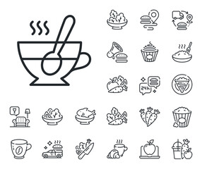 Wall Mural - Fresh beverage sign. Crepe, sweet popcorn and salad outline icons. Cup with spoon line icon. Latte or Coffee symbol. Tea cup line sign. Pasta spaghetti, fresh juice icon. Supply chain. Vector